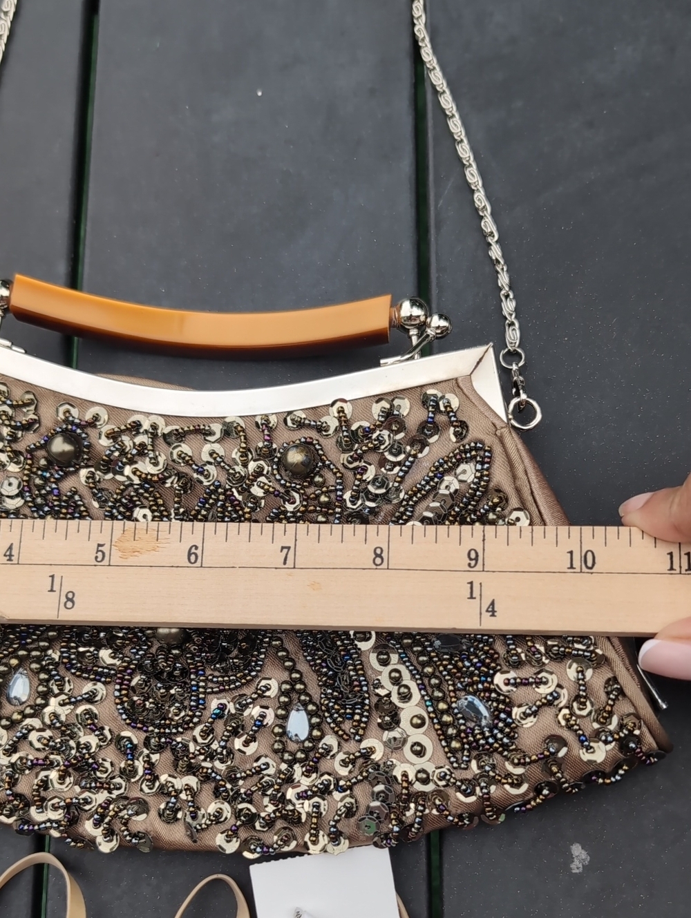 Embellished Taupe Evening Clutch with Detachable Chain - Picture 9 of 14